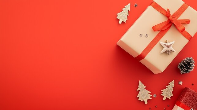 Festively wrapped gift box with red ribbon and decorative elements, surrounded by pine cones and miniature Christmas trees on a vibrant red background, perfect for holiday celebrations