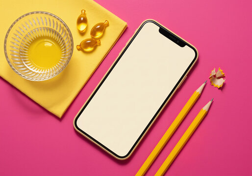 Smartphone mockup with a blank screen on a pink background. Flat lay with yellow pencils and beauty oil for wellness or creative concepts.