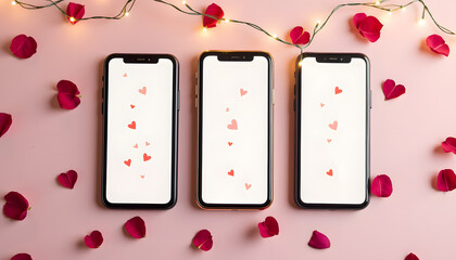 Valentine's Day phones with hearts and rose petals on a pink background