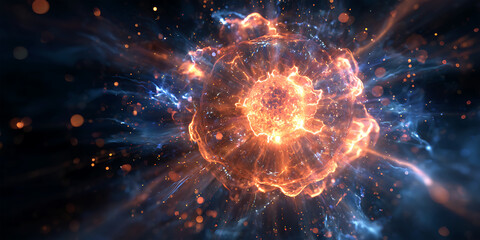 Exploding fiery energy ring with bright core and cosmic particles in dark digital space
