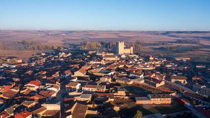 Sunrise Aerial Shot of Torrelobatón Castle in Warm Golden Morning Light