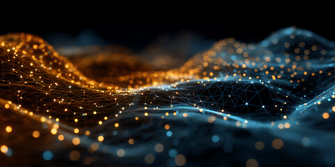 Glowing data ribbons forming flowing blue and orange wave structures in digital dark space