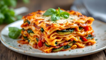 A delicious slice of homemade vegetarian lasagna with layers of pasta, zucchini, and tomato sauce, topped with melted cheese and fresh basil.