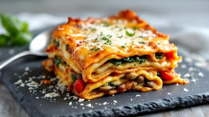 A delicious slice of homemade vegetable lasagna served on a dark slate plate, garnished with parmesan cheese and fresh herbs.