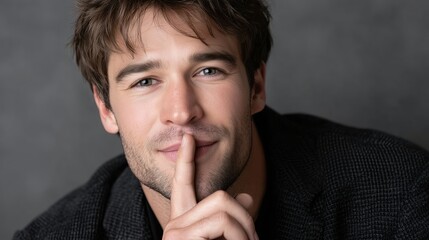 Man making a shushing gesture with a playful smile in casual attire