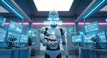 Robots Hiring Concept – Futuristic Recruitment Copy Space Poster, robot hiring, futuristic recruitment, AI hiring, recruitment poster, hiring concept, copy space design, robot workforce, digital hire
