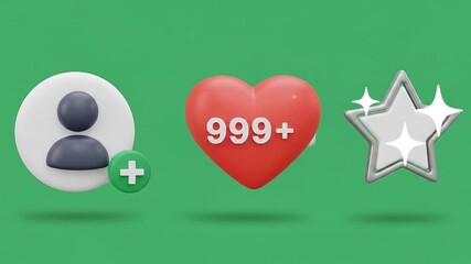Vibrant 3D social media icons representing user engagement a profile with add follow, a heart with 999+ likes, and a star for favorites, illustrating digital interaction and popularity - Powered by Adobe