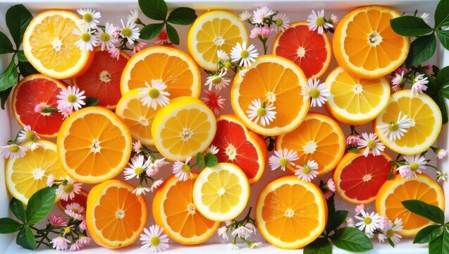 Vibrant assortment of fresh citrus fruit slices with blossoms and leaves