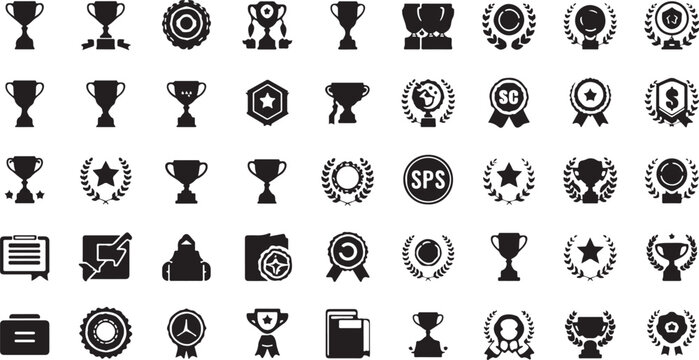 Diverse Set of Award and Achievement Icons Including Trophies Medals and Certificates Keywords: award, trophy, prize, winner, success, achievement, champion, medal, ribbon, badge, laurel wreath
