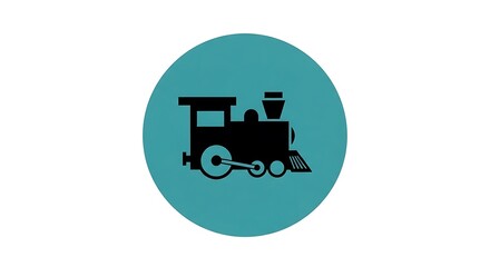 Simple silhouette of a black steam train inside a teal oval