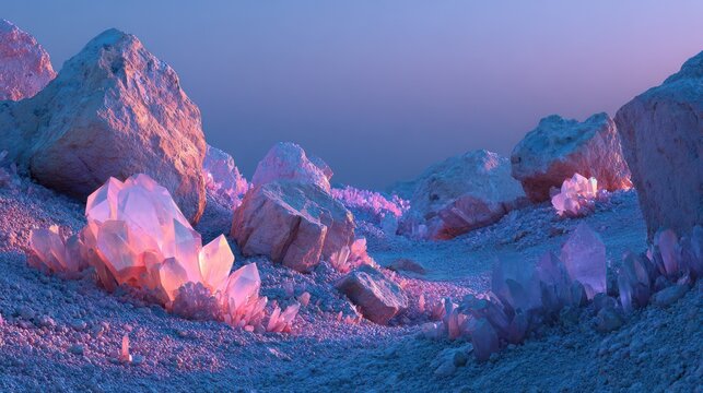 A breathtaking landscape, illuminated by soft, pastel light, showcasing large, translucent crystals nestled amidst weathered rocks.