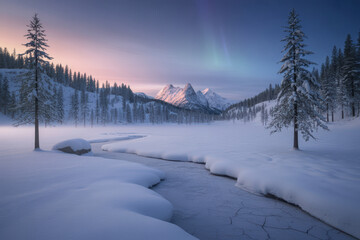 Snowy forest and frozen river with aurora and mountain peaks