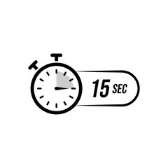 Clean vector stopwatch icon showing a fifteen-second indicator with a bold label, illustrating quick timing, short intervals, fast tasks, and efficient countdown tracking in a modern minimal style.