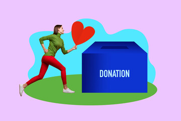 Collage of young woman man toward donation jar with hearts symbolizing charity blood donor day volunteer support