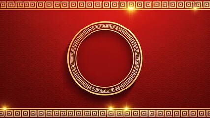 Vibrant red backdrop featuring intricate golden patterns, glowing accents, and a prominent circular frame, conveying a sense of rich celebration and elegance