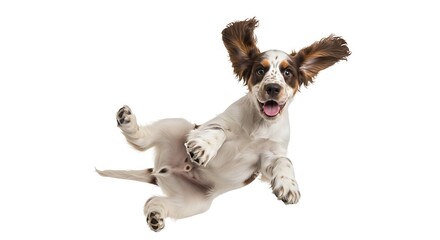 Playful springer spaniel puppy leaping through the air