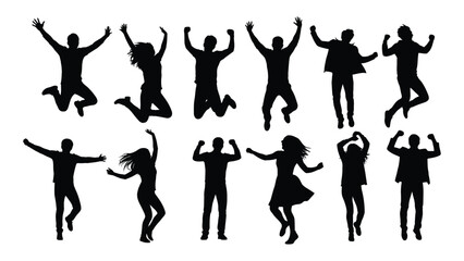 Fototapeta premium Energetic people silhouettes jumping and dancing isolated on white background, Vector