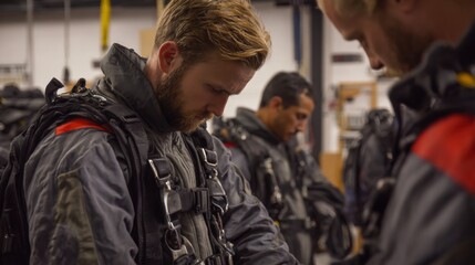 Fototapeta premium Crew Members Preparing Parachute Gear for Upcoming Training Exercise in Military Environment
