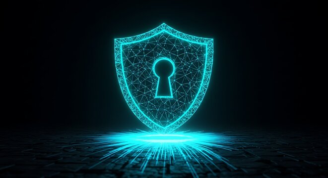 Digital shield with keyhole symbol representing cybersecurity, data protection, and network security in a futuristic neon blue glowing abstract design