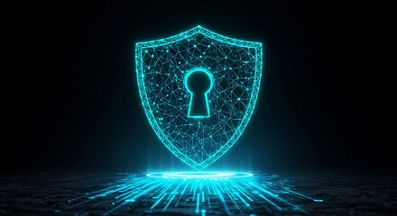 Digital shield with keyhole symbol representing cybersecurity, data protection, and network security in a futuristic neon blue glowing abstract design