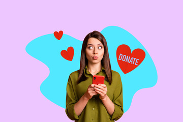 Collage of young woman man toward donation jar with hearts symbolizing charity blood donor day volunteer support