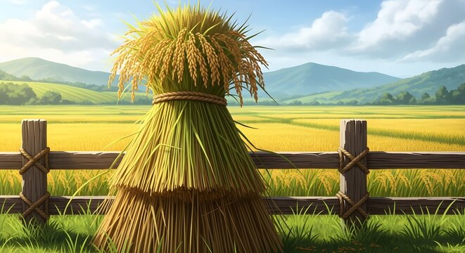 Golden rice harvest in a serene countryside landscape with a rustic wooden fence - Powered by Adobe