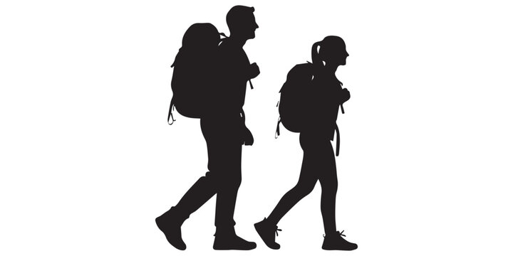 Silhouette of hiker. Collection of male and female hiker. mountaineer climber hiker people, vector silhouette collection. hiking man and woman with rucksack silhouette. Backpacker and climber people.