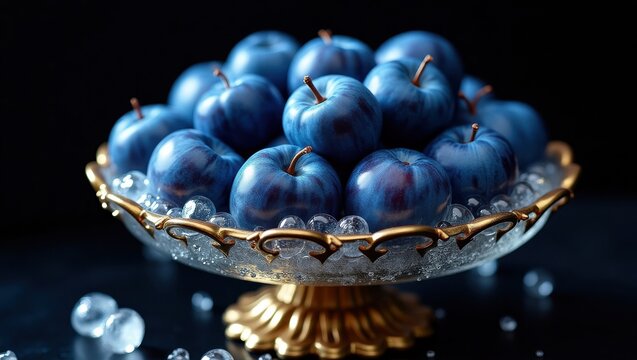 A bowl of ripe blue plums on a dark background with crystal accents - Powered by Adobe
