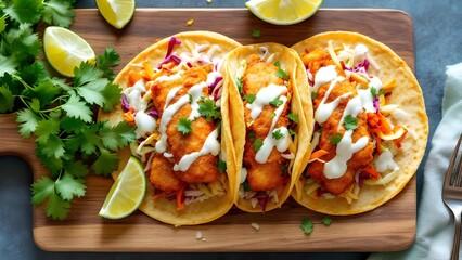 Three crispy beer-battered fish tacos served on a wooden board with fresh cilantro, lime wedges, and a creamy slaw.