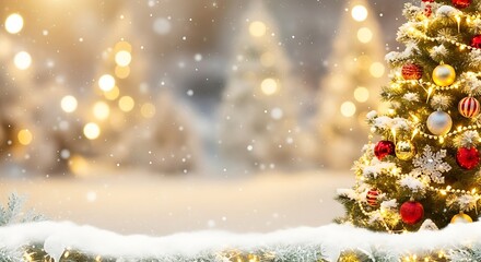 Festive christmas tree with blurry lights and falling snow