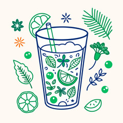 Refreshing drink illustration with lime and leaves isolated on