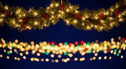 Festive christmas garland and bokeh lights against a dark blue background