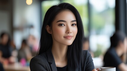 Woman enjoying coffee at a cafe while engaging in conversation with friends