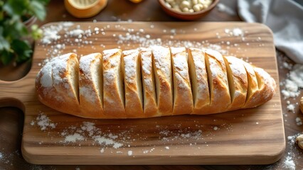 A freshly baked and sliced loaf of bread resting on a flour-dusted wooden cutting board.