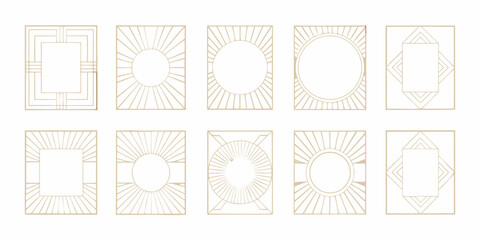 Collection of ten elegant gold art deco geometric frames and borders on a white background