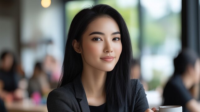 Woman enjoying coffee at a cafe while engaging in conversation with friends