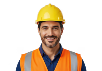 Smiling construction worker wearing a bright yellow hard hat and orange safety vest isolated on transparent background