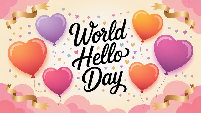 Colorful heart balloons celebrate World Hello Day with joy and positivity.