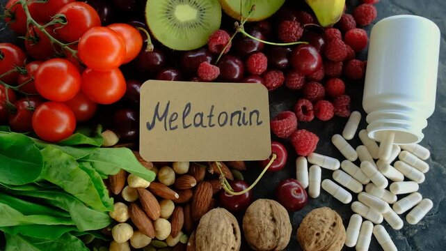 Foods containing melatonin on a beautiful background. Selective focus.