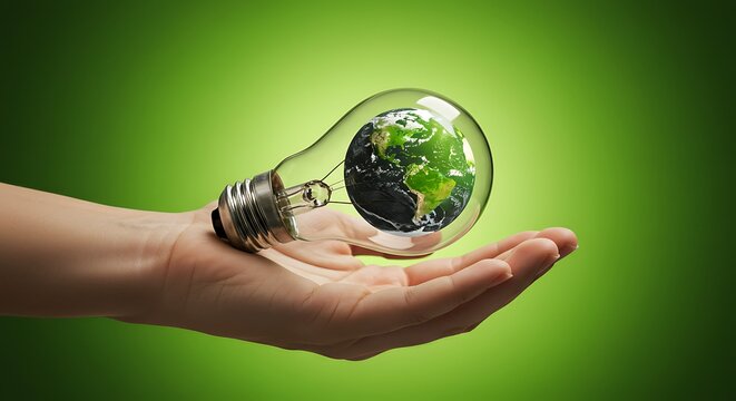Hand holding a light bulb containing the earth, symbolizing environmental protection, sustainability, and green energy solutions