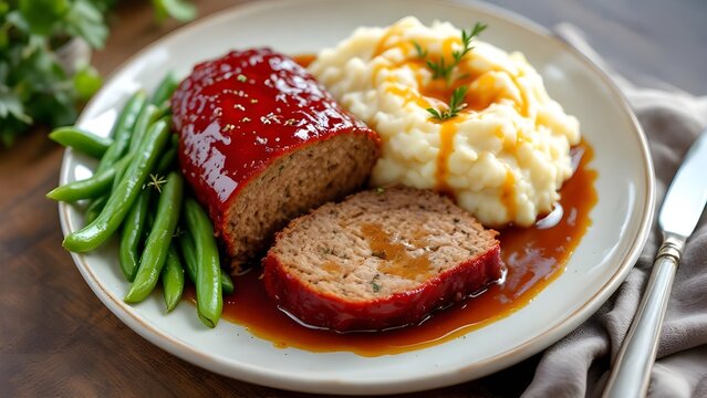 A classic American dinner plate featuring glazed meatloaf with mashed potatoes, gravy, and fresh green beans.