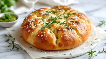 A freshly baked round loaf of rosemary and sea salt bread served with pesto.