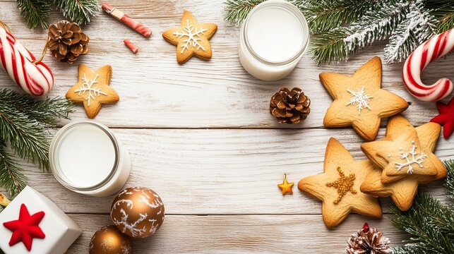 Festive holiday scene featuring decorated gingerbread cookies, milk in jars, pine cones, and candy canes arranged on a rustic wooden table, creating a warm seasonal atmosphere