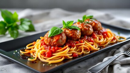 A delicious plate of spaghetti and meatballs in a rich tomato sauce, garnished with fresh basil leaves.