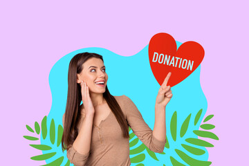 Collage of young woman man toward donation jar with hearts symbolizing charity blood donor day volunteer support