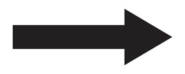 Black long arrow pointing to the right. Straight long arrow icon, right thin line, black cursor, horizontal element, icon isolated on white background. Vector illustration.
