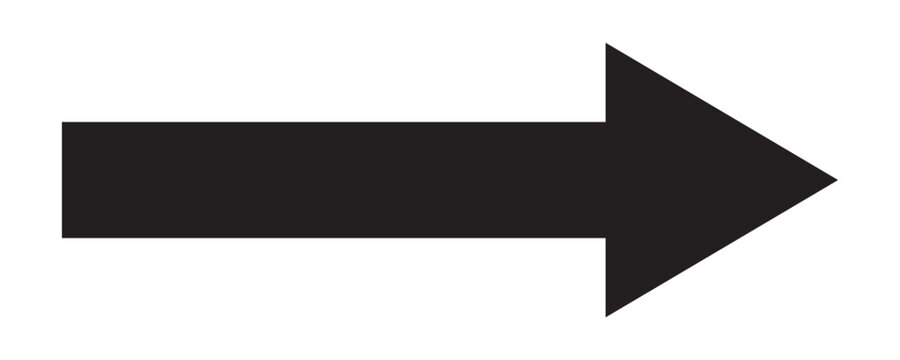 Black long arrow pointing to the right. Straight long arrow icon, right thin line, black cursor, horizontal element, icon isolated on white background. Vector illustration.