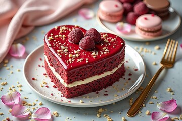Heart-shaped raspberry cake with macarons and petals on marble surface