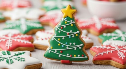 Christmas tree and snowflake sugar cookies decorated with icing