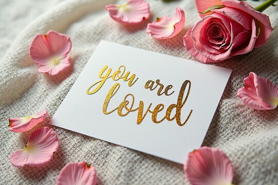 You are loved card with pink roses and petals on cozy knit fabric